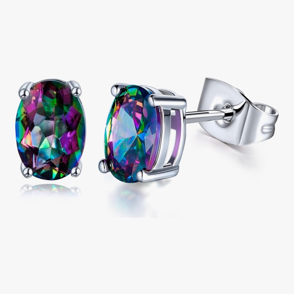 NEW 18K White Gold Plated Round/Square Rainbow Quartz Stud Earrings in Silver